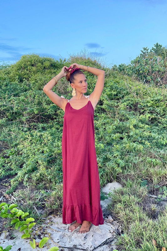 Ishtar burgundy cotton Dress with tiger eye crystals - Shambori Spirit