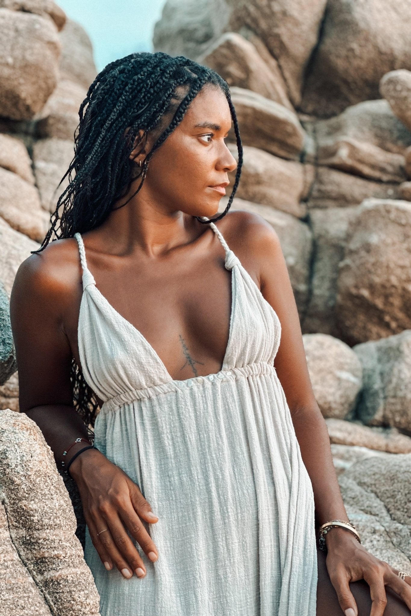 Aphrodite Beige Gauze Dress with Moonstone - Shambori Spirit