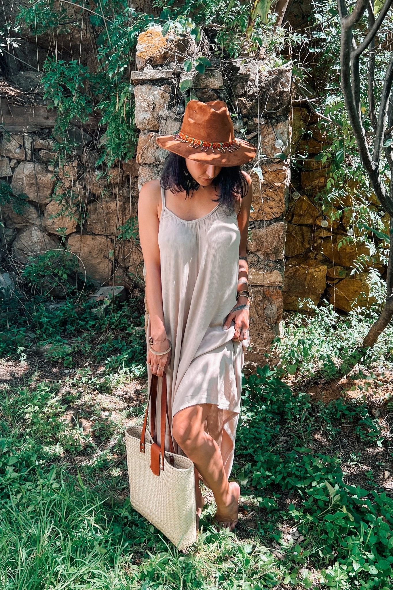 Hera Sand Rayon Crêpe Dress with Nacre - Shambori Spirit
