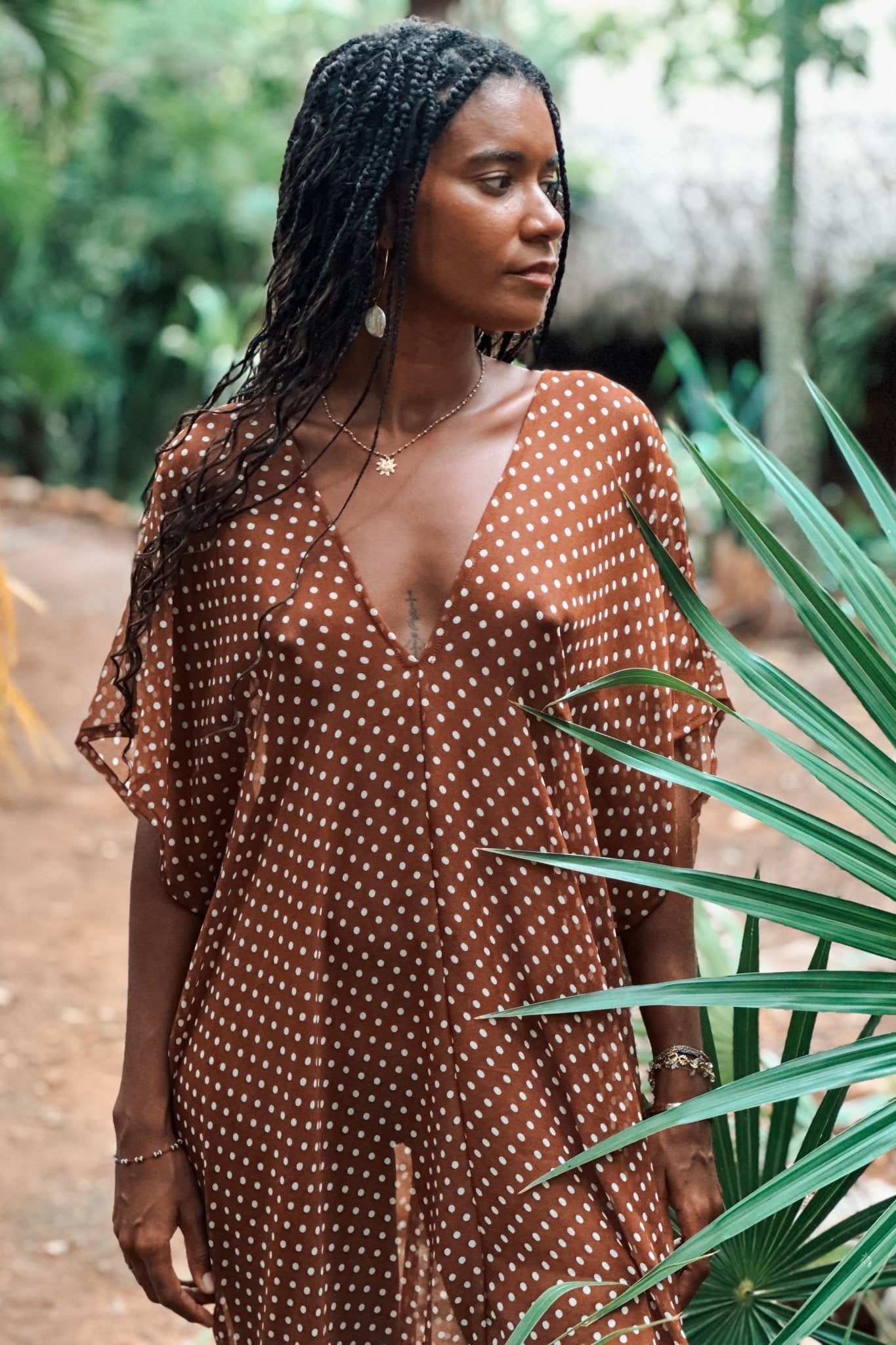Kaftan Orisha Brown Polka Dot Chiffon with Tiger Eye - Shambori Spirit