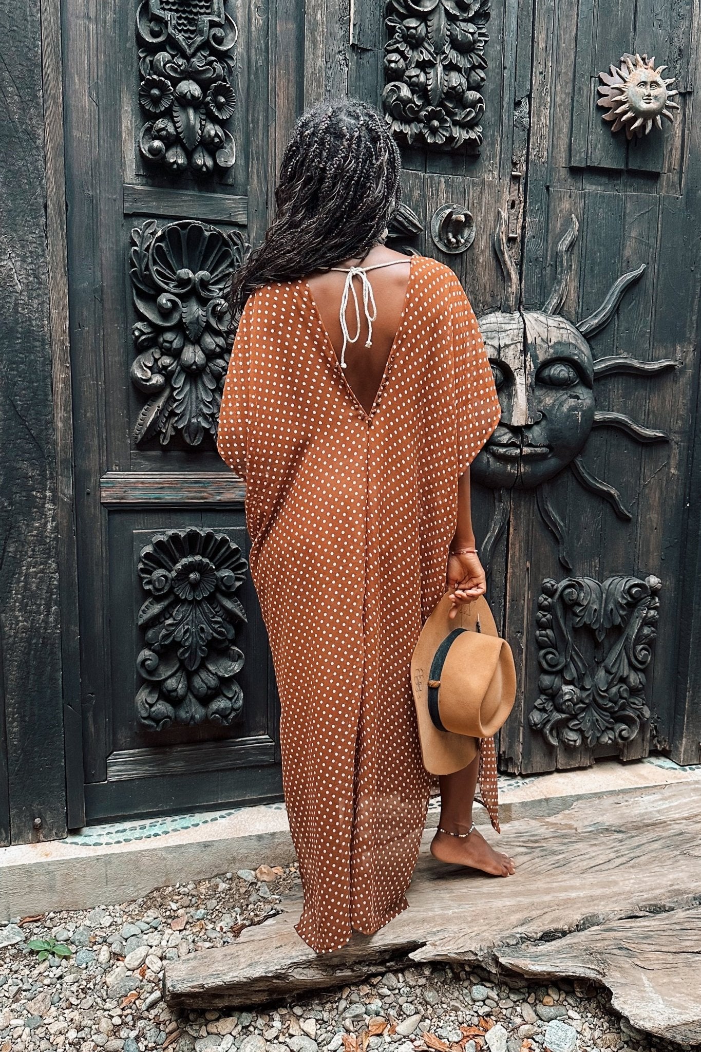 Kaftan Orisha Brown Polka Dot Chiffon with Tiger Eye - Shambori Spirit