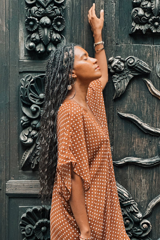 Kaftan Orisha Brown Polka Dot Chiffon with Tiger Eye - Shambori Spirit