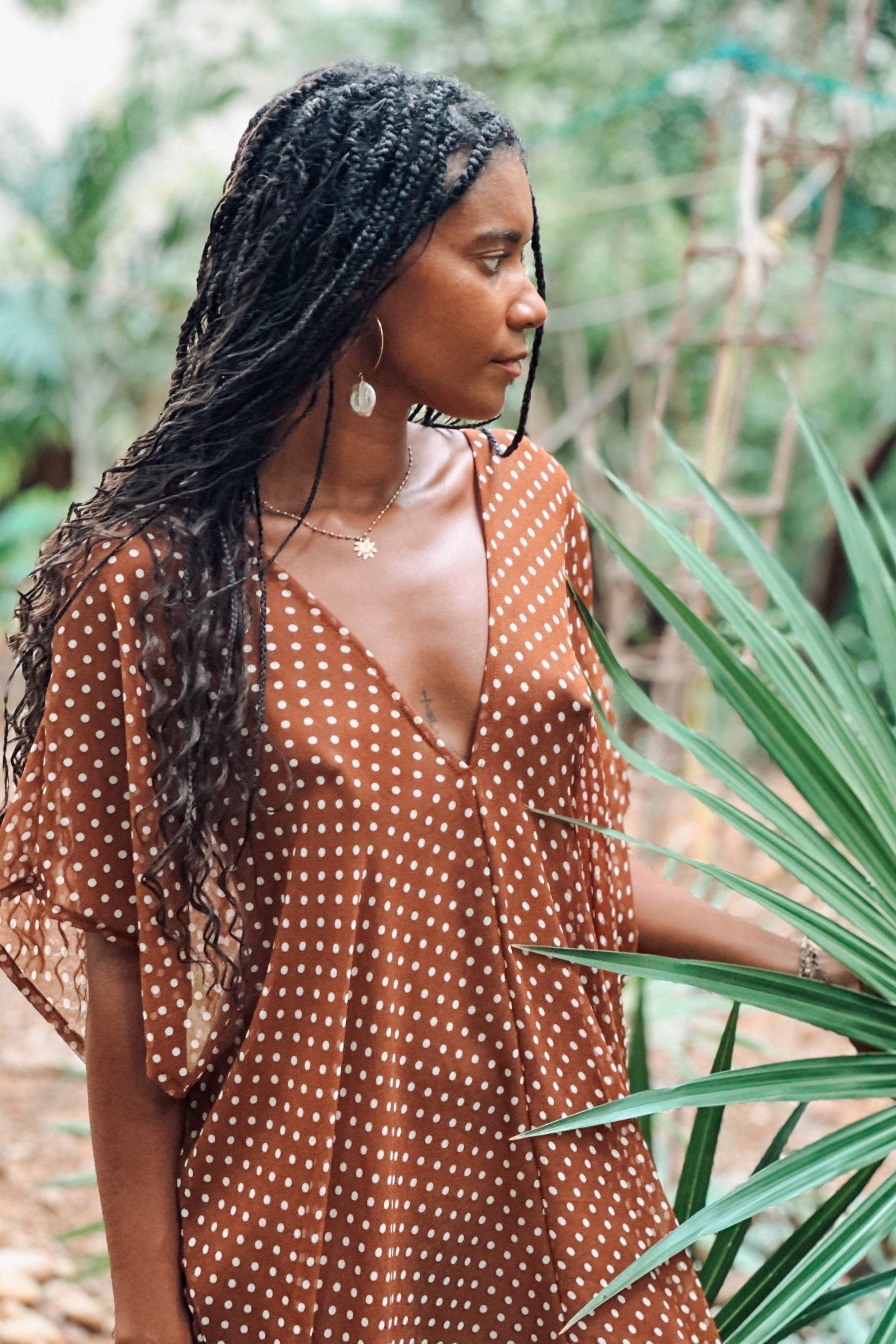 Kaftan Orisha Brown Polka Dot Chiffon with Tiger Eye - Shambori Spirit
