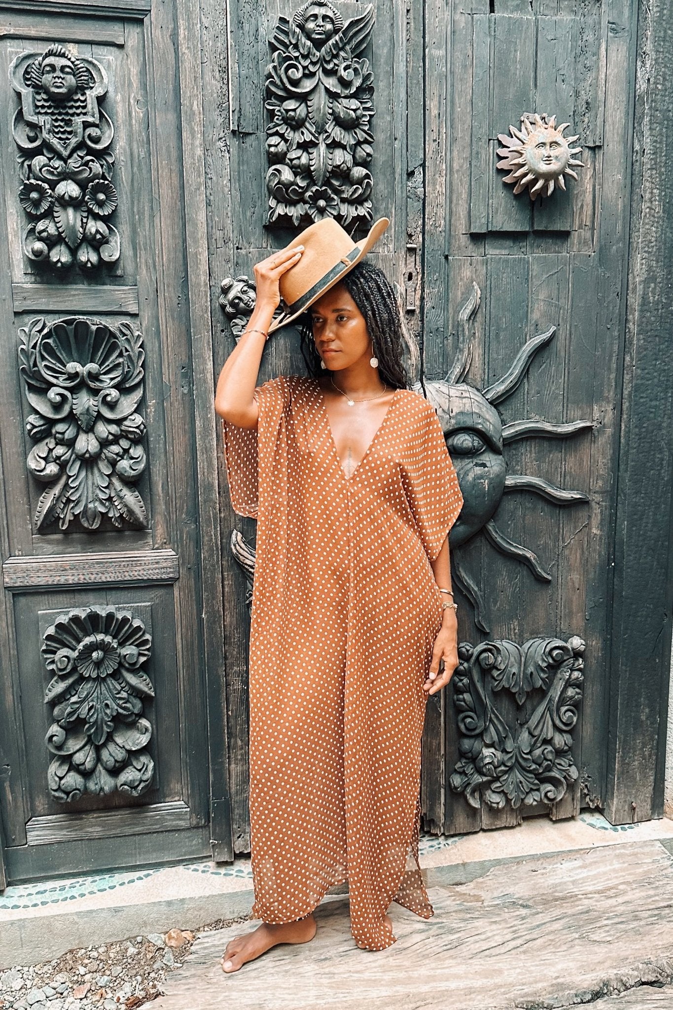Kaftan Orisha Brown Polka Dot Chiffon with Tiger Eye - Shambori Spirit