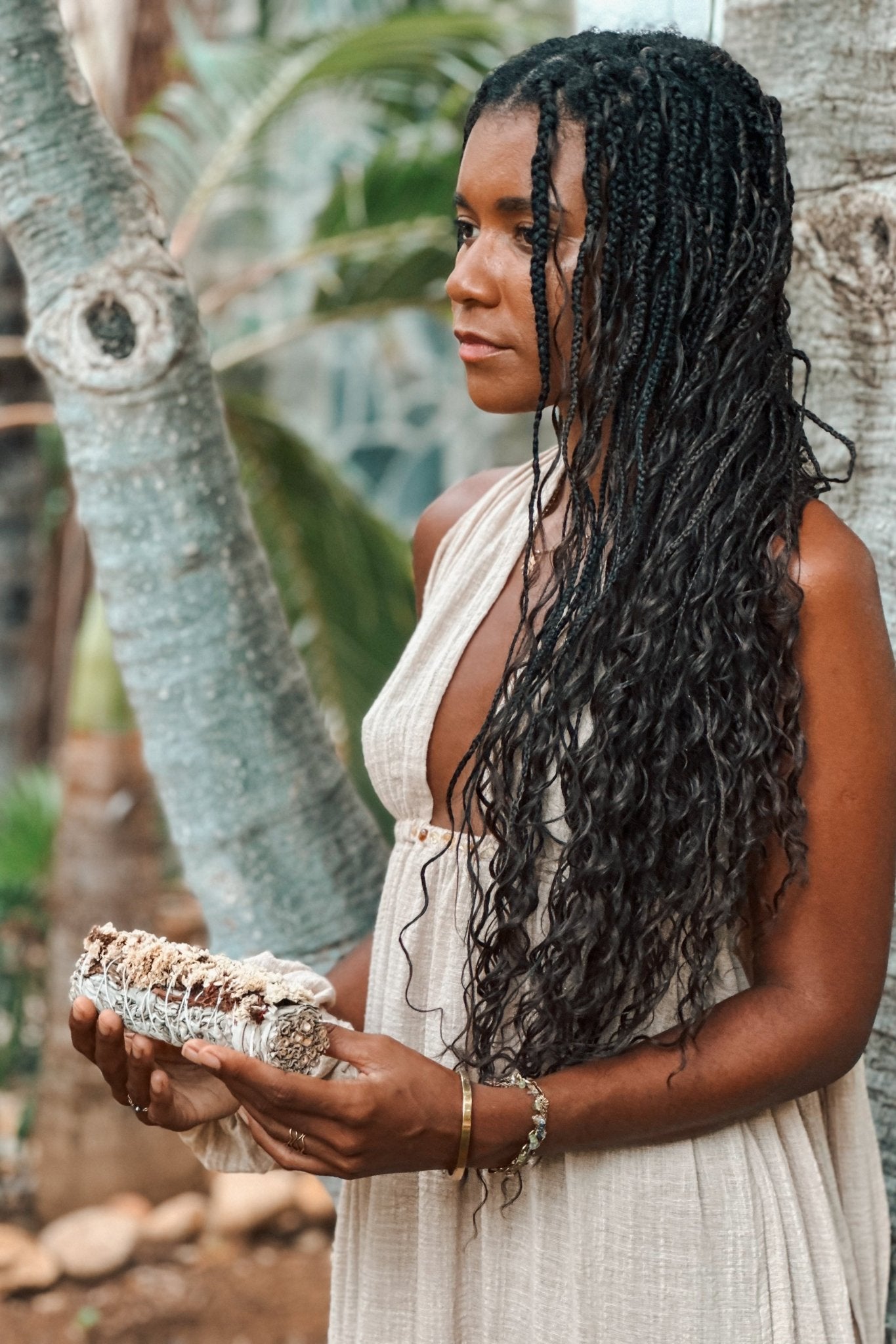 Yemaya Beige Cotton Gauze Dress with Citrine - Shambori Spirit