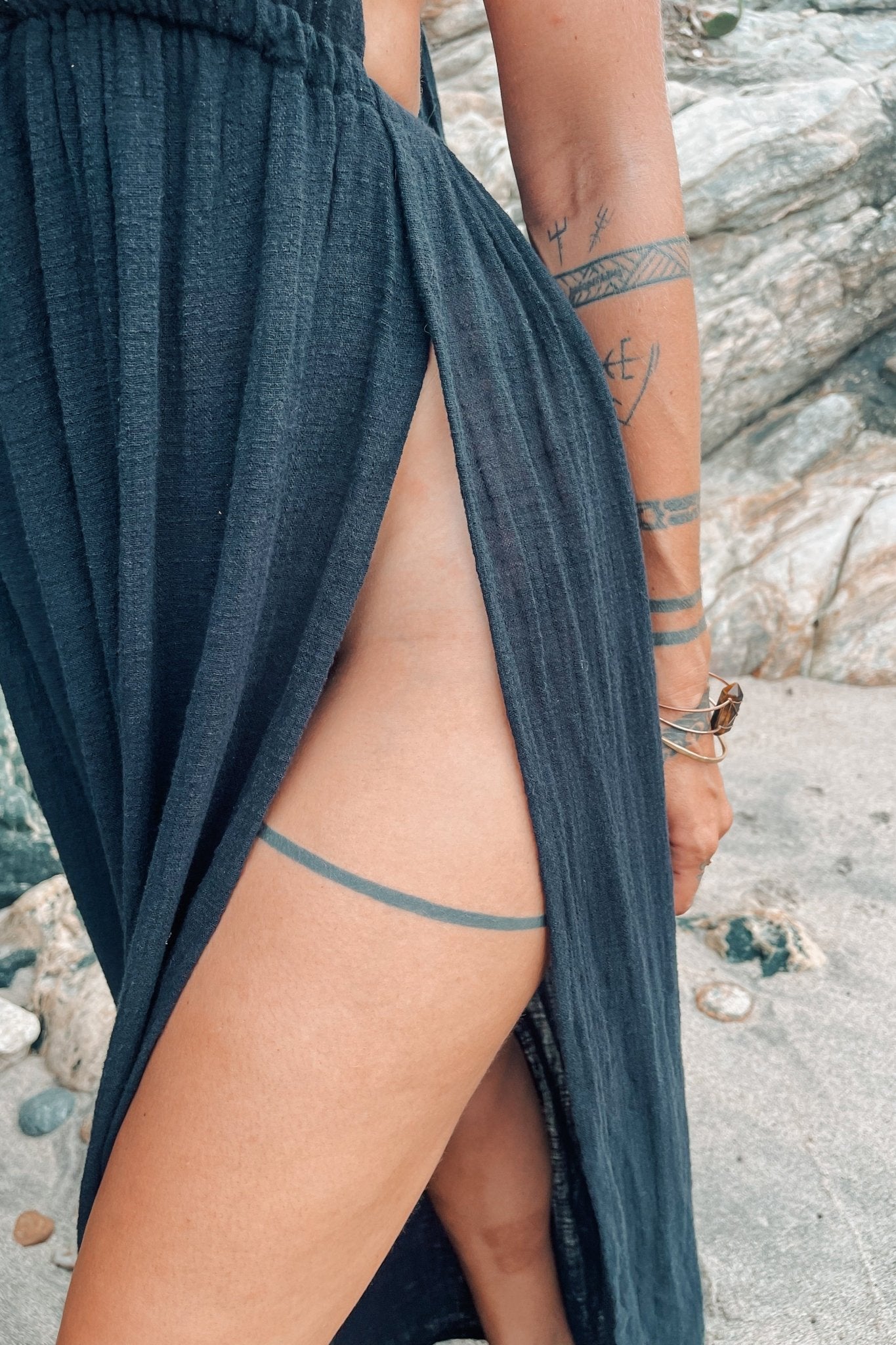 Yemaya Black Cotton Gauze Dress with Onyx - Shambori Spirit