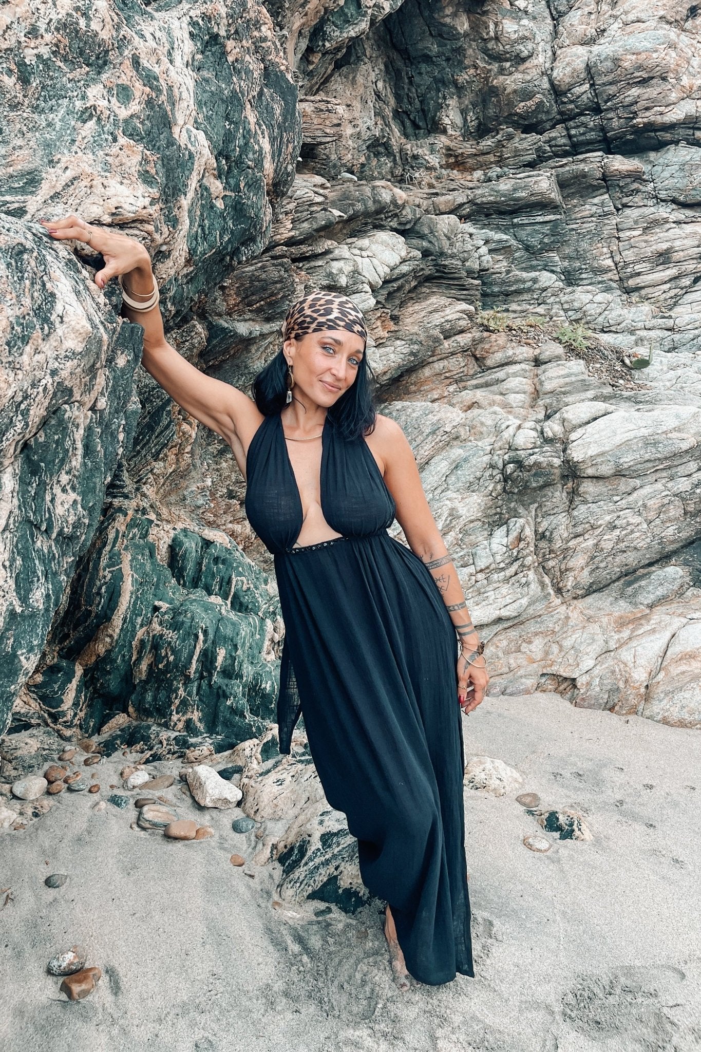 Yemaya Black Cotton Gauze Dress with Onyx - Shambori Spirit