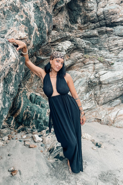 Yemaya Black Cotton Gauze Dress with Onyx - Shambori Spirit