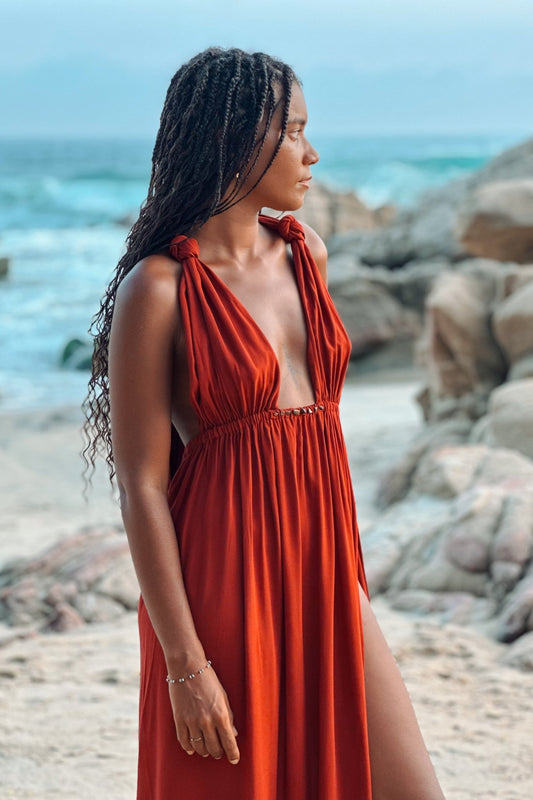 Yemaya Burgundy Rayon Dress with Tiger Eye - Shambori Spirit